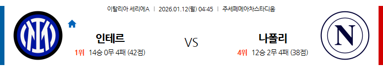 세리에A - 인테르 vs 나폴리 경기 - 2026년 1월 12일 월요일 오전 4시 45분